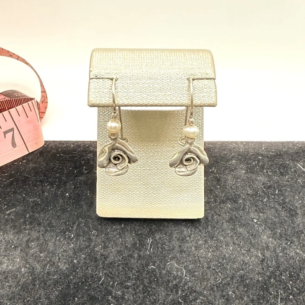 Vintage Paz Sterling 925 White Pearl Rose Drop Earrings Made in Israel